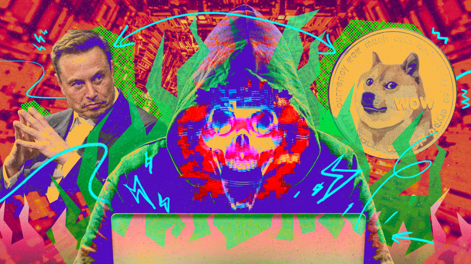 Composite image of a scammer, Elon Musk, and the doge meme dog. 