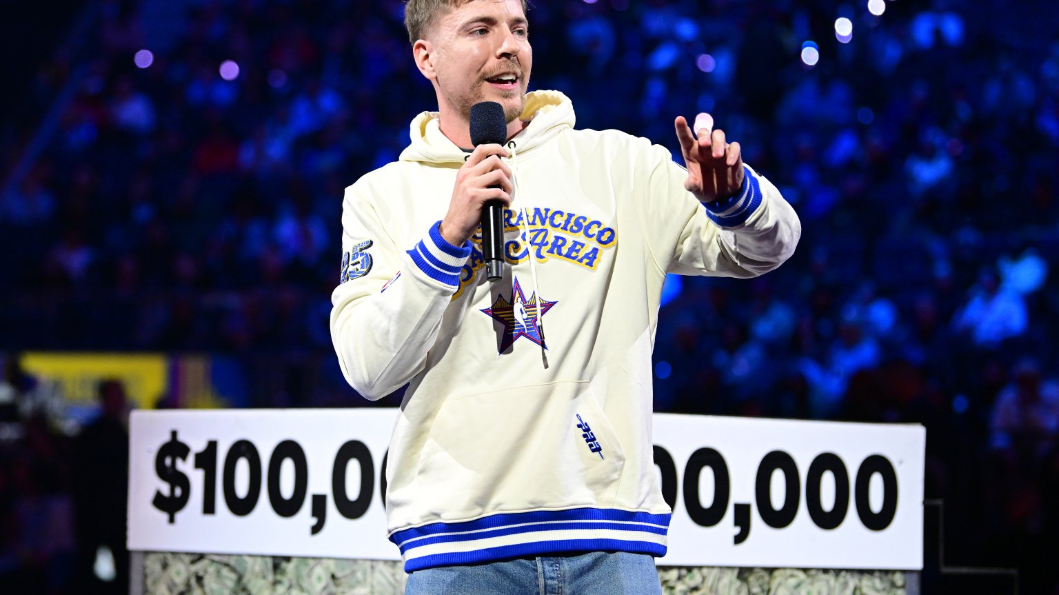MrBeast speaks during the 74th NBA All-Star Game as part of NBA All-Star Weekend on Sunday, February 16, 2025 at Chase Center in San Francisco, California. NOTE TO USER: User expressly acknowledges and agrees that, by downloading and/or using this Photograph, user is consenting to the terms and conditions of the Getty Images License Agreement. Mandatory Copyright Notice: Copyright 2025 NBAE