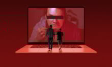 A parent and child stand together; a screen with a predator looms in the background.