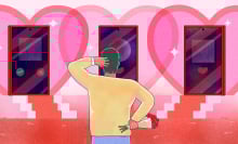 illustration of man looking at dating app screens