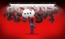 Illustration of a teen reaching up to a speech bubble surrounded by menacing hands.