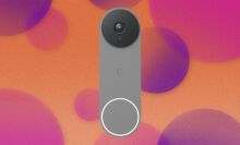 A Google Nest Doorbell appears on a purple and orange background.
