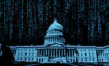 An illustration of the US Capitol building rendered alongside blue and black lines of code. 