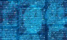 An illustration of finger prints overlaid with binary code.
