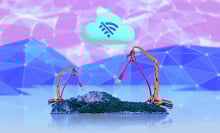 An illustration of construction cranes made out of giant internet cables, floating on an island with a large cloud above it. The cloud has a symbol indicating no internet service.
