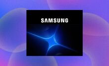The Samsung logo appears with a blue star on a black square over a purple bubbly field.