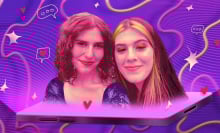 Anna Iovine and Kat Tenbarge, two white women with brown hair, are seen emerging from a shining phone screen