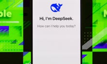 DeepSeek homepage on a smartphone against a neon green background