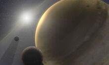 An artist's conception of a gas giant world (the large planet on the right) in another solar system.
