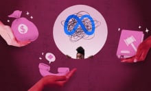 An illustration of hands holding out resources like money and law books, as a person peeks their head around a blocked out Meta logo.