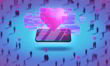 Phone with speech bubbles and heart floating out of it, surrounded by silhouettes of couples and singles