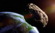 An artist's conception of a large asteroid passing near Earth.