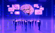 A futuristic digital illustration of people absorbed in their smartphones, with a glowing brain floating above, connected to emoji-filled speech bubbles, symbolizing AI influence on social interactions.