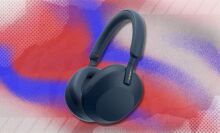 midnight blue sony wh1000xm5 headphones on a red, white, and blue patterned background