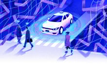 Illustration of an autonomous vehicle at an intersection. 