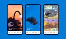 Three phone screens on a blue background, each depicting a viral TikTok of the anglerfish. 