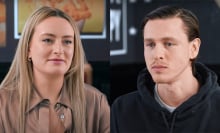 Two side-by-side images show a woman and a man facing each other in a takeaway chicken shop.