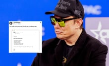 A man in sunglasses and a baseball cap sits on stage. Next to him on the image is a post from X.