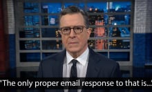 A man in a suit on a talk show stage stands close to the camera, looking serious. The caption at the bottom reads, "The only proper email response to that is..."
