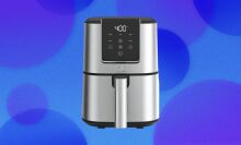 A Bella air purifier in silver and black appears on a blue bubbly background,
