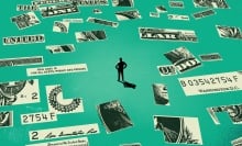 illustration of a shadow of a person standing among bits of money