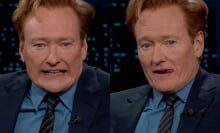 Two side-by-side images of the same man show him making faces at the camera on a talk show.