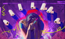 Woman upset holding pregnancy test being watched by multiple security cameras