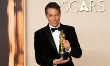 HOLLYWOOD, CALIFORNIA - MARCH 02: Sean Baker, winner of the Best Film Editing for “Anora”, poses in the press room during the 97th Annual Oscars at Dolby Theatre on March 02, 2025 in Hollywood, California.