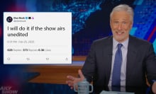 A man in a suit sits behind a talk show desk. In the top left is an image of an X post from Elon Musk.