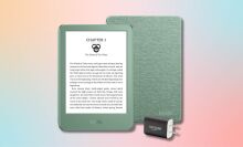 matcha colored kindle, case, and power adapter against a light pink, light blue, and light yellow gradient background