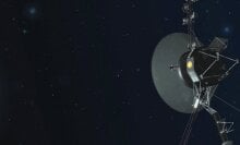 A conception of a Voyager craft flying through deep space.