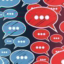 Speech bubbles colored red and blue float next to each other. 