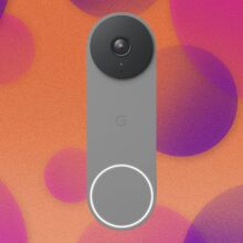 A Google Nest Doorbell appears on a purple and orange background.
