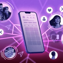 smartphone with algorithm threads pointing out of it with photos of a couple and single people