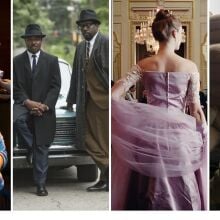 An older male puppet in suspenders, holding tools; two Black men pose on a car; a woman in a lavender dress stands with her back to the camera; side view of a soldier looking off-camera