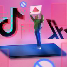 An illustration of a person standing on top of a giant cellphone and holding a sign with a picture of a watermelon. A giant TikTok logo and X logo float around them.