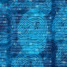 An illustration of finger prints overlaid with binary code.