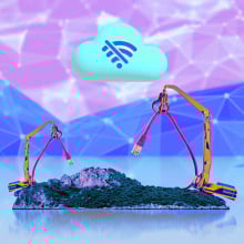 An illustration of construction cranes made out of giant internet cables, floating on an island with a large cloud above it. The cloud has a symbol indicating no internet service.