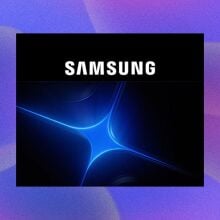 The Samsung logo appears with a blue star on a black square over a purple bubbly field.