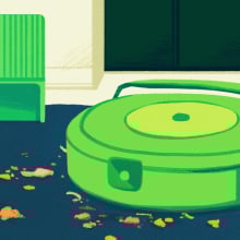 Illustration of green robot vacuum cleaning rug with green self-empty dock in background