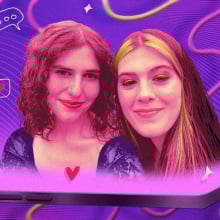 Anna Iovine and Kat Tenbarge, two white women with brown hair, are seen emerging from a shining phone screen