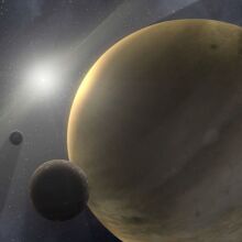 An artist's conception of a gas giant world (the large planet on the right) in another solar system.