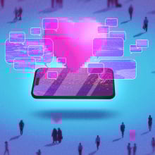 Phone with speech bubbles and heart floating out of it, surrounded by silhouettes of couples and singles