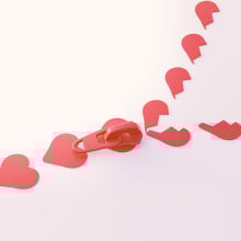 A zipper constructed of red hearts. At the opening of the zipper, the hearts become broken. 
