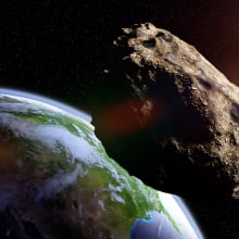 An artist's conception of a large asteroid passing near Earth.