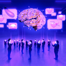 A futuristic digital illustration of people absorbed in their smartphones, with a glowing brain floating above, connected to emoji-filled speech bubbles, symbolizing AI influence on social interactions.