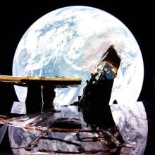Firefly Aerospace's Blue Ghost lander's solar panel reflecting Earth in space