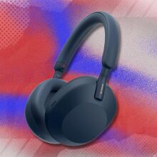 midnight blue sony wh1000xm5 headphones on a red, white, and blue patterned background