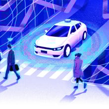 Illustration of an autonomous vehicle at an intersection. 