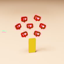 yellow smartphone on an orange background with red social media like buttons above it